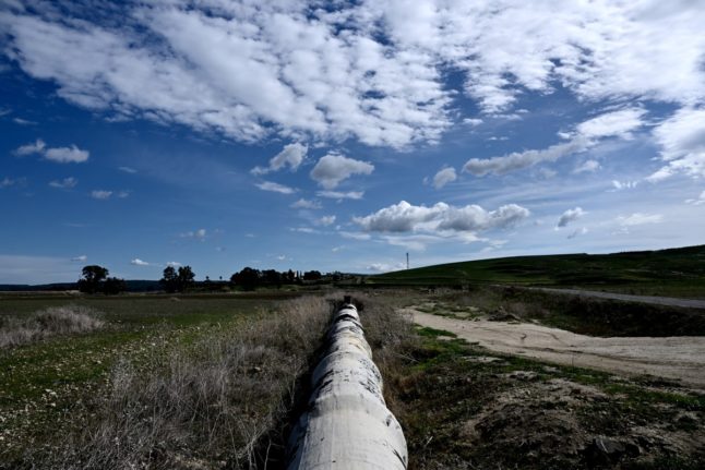 An unfinished water pipeline in a field in Lentini, eastern Sicily, amid a severe drought