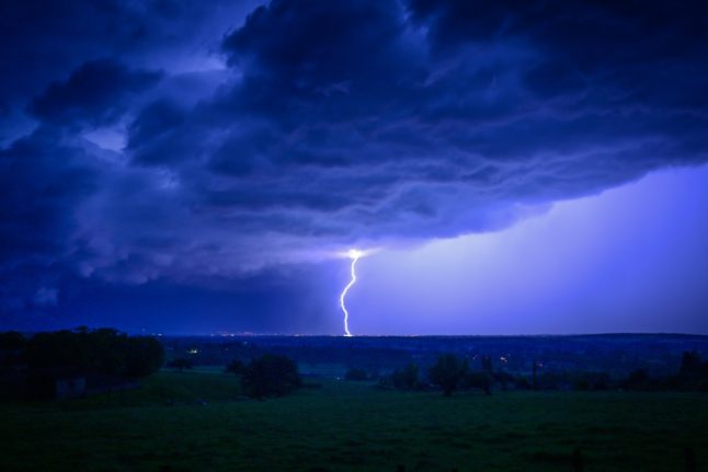 A lightning strike during a thunderstorm