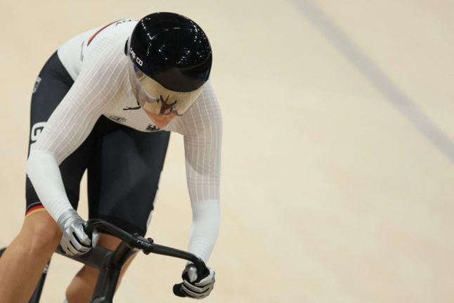 Germany's Lea Sophie Friedrich competes in a women's track cycling sprint qualifying round of the Paris 2024 Olympic Games at the Saint-Quentin-en-Yvelines National Velodrome in Montigny-le-Bretonneux, south-west of Paris, on August 9, 2024.