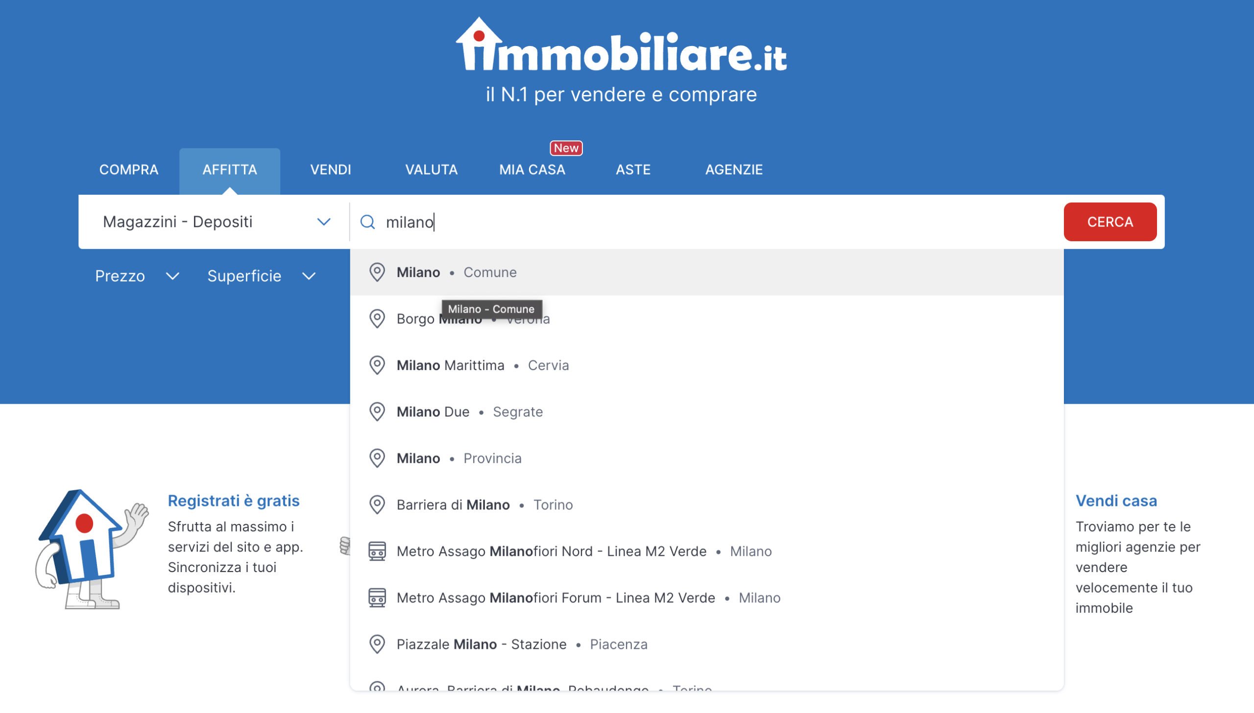 A screengrab of the homepage of Italy's Immobiliare.it website