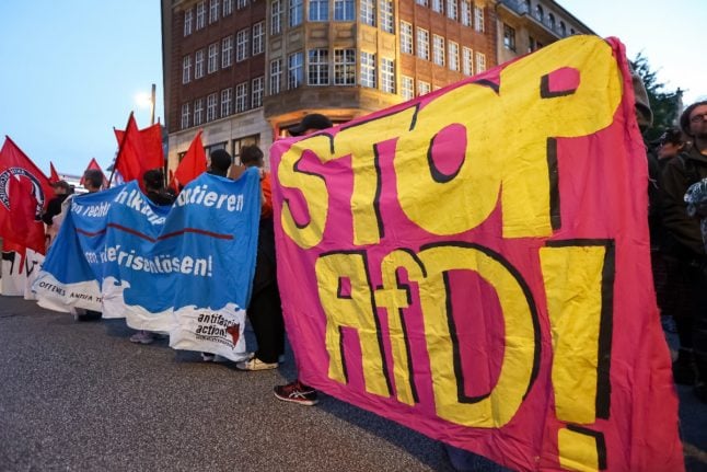 A banner reads 'Stop AfD' at a demonstration against the far-right held in Hamburg on September 1st.