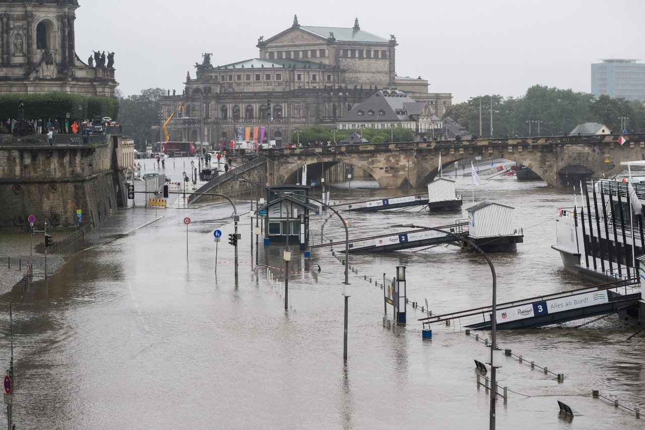 Flooded streets in Dresden along the banks of the Elbe river