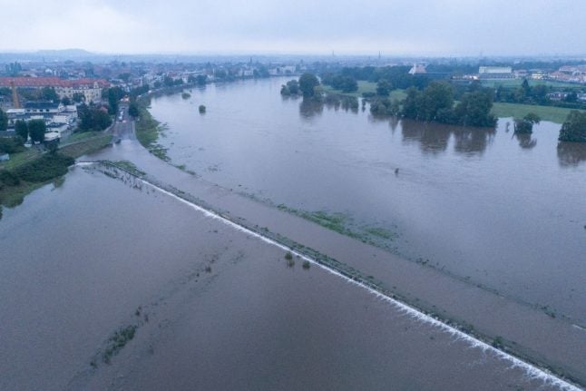 Waters of the Elbe river overflow the banks between the Dresden districts of Kaditz and Mickten on Tuesday September 17th.