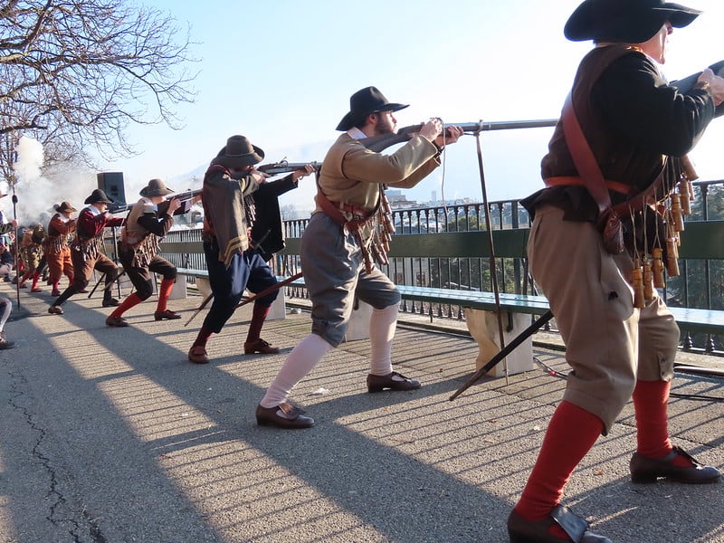 Muskets firing at Escalade celebrations in Geneva.