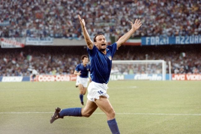 Italian forward Salvatore Schillaci celebrates after scoring his team's first goal during the World Cup semifinal between Italy and Argentina in July 1990