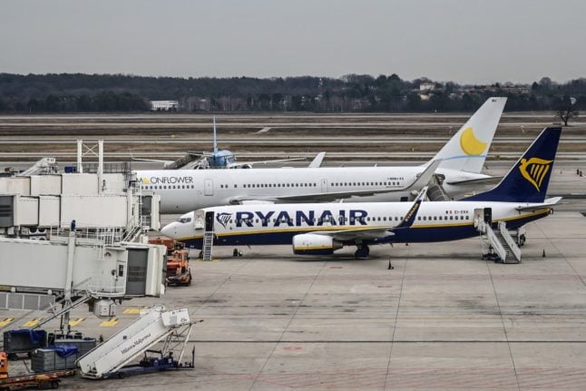 A Boeing 737 of Irish budget airline Ryanair pictured on the tarmac of Milan's Malpensa Airport in 2020