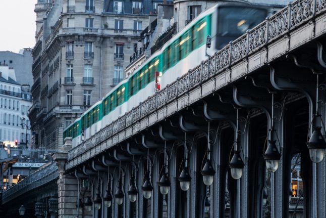 A metro train on the Bir-Hakeim Bridge in Paris