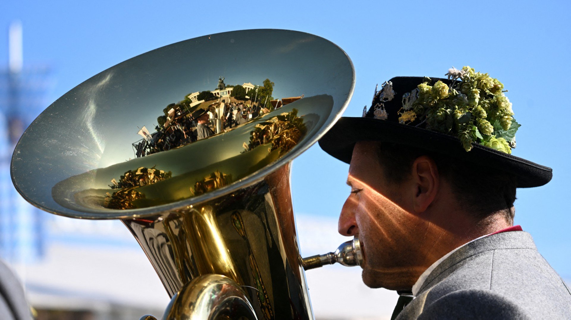 A brass musician plays his instrument during the the last day of the Oktoberfest beer festival in Munich