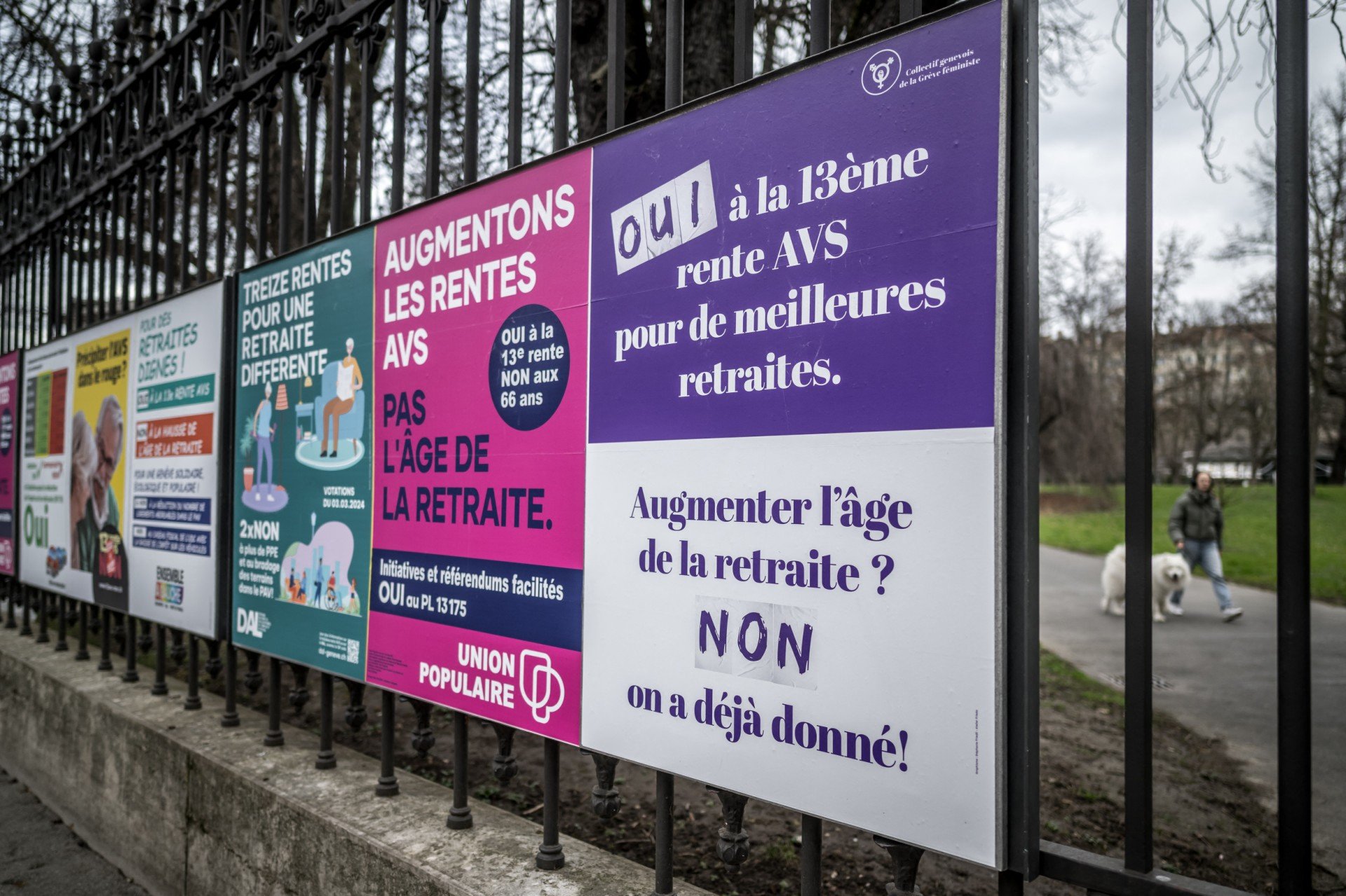 This photograph taken on February 27, 2024, shows, referendum posters in Geneva, Switzerland, ahead of two national referendum on retirement initiatives, including on the raise of the retirement age. The Swiss will vote on March 3, 2024 