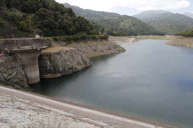 The Alesani dam at 20 percent capacity on the French Mediterranean island of Corsica in June 2024