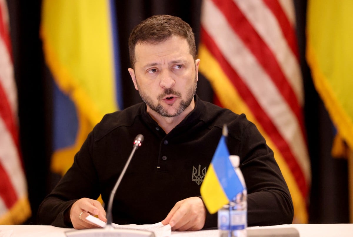 Ukraine's President Volodymyr Zelensky speaks as he attends a Ukraine Defence Contact Group meeting on September 6, 2024 at the US air base in Ramstein, southwestern Germany.