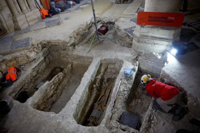 Archaeologists dig tombs in Notre Dame Cathedral, Paris, following the fire in 2019