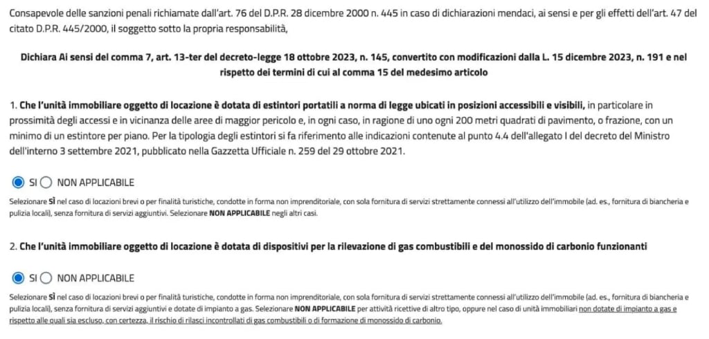 A screen grab of the self-certification page on Italy's Tourism Ministry porta