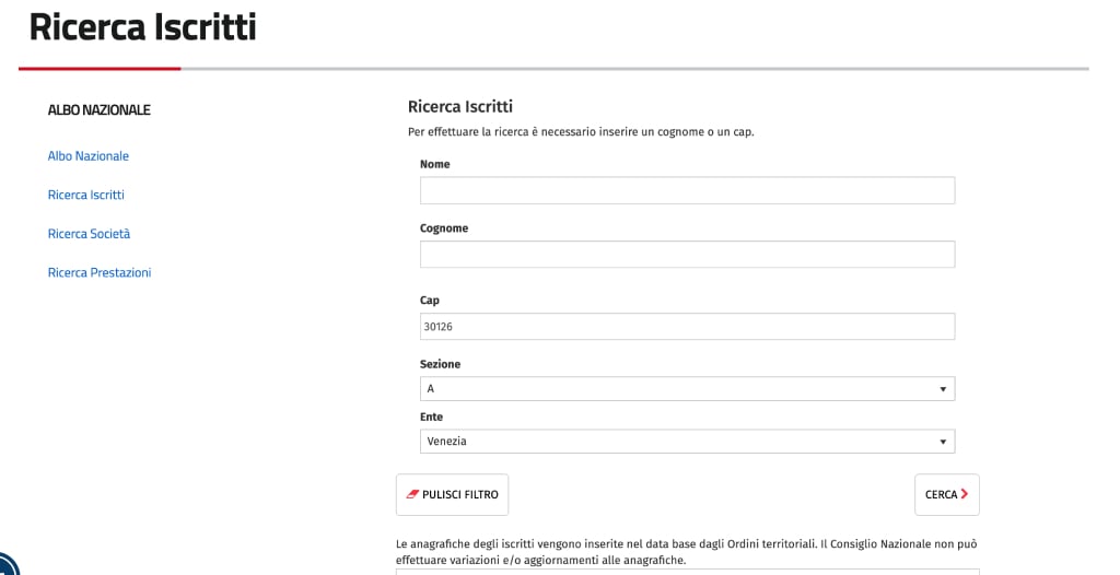 A screen grab of the search tool on Italy's national 'commercialisti' association's website