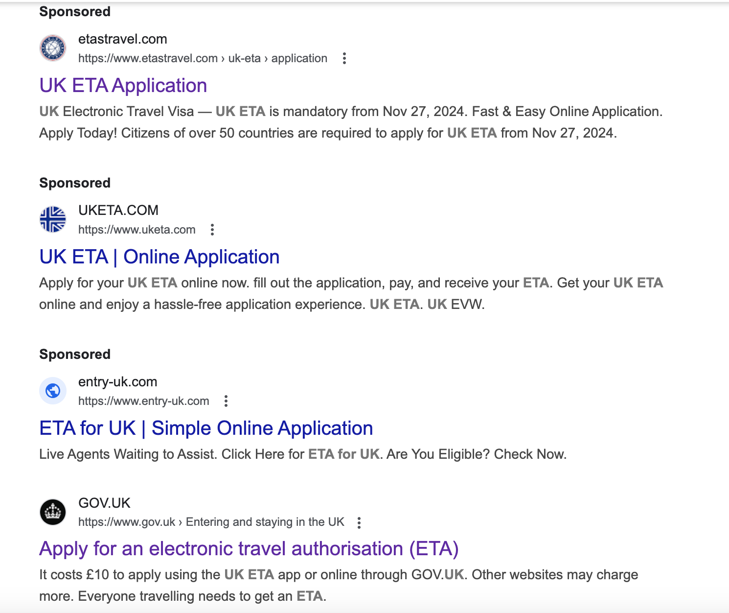 A screengrab of Google search results for Eta for UK.