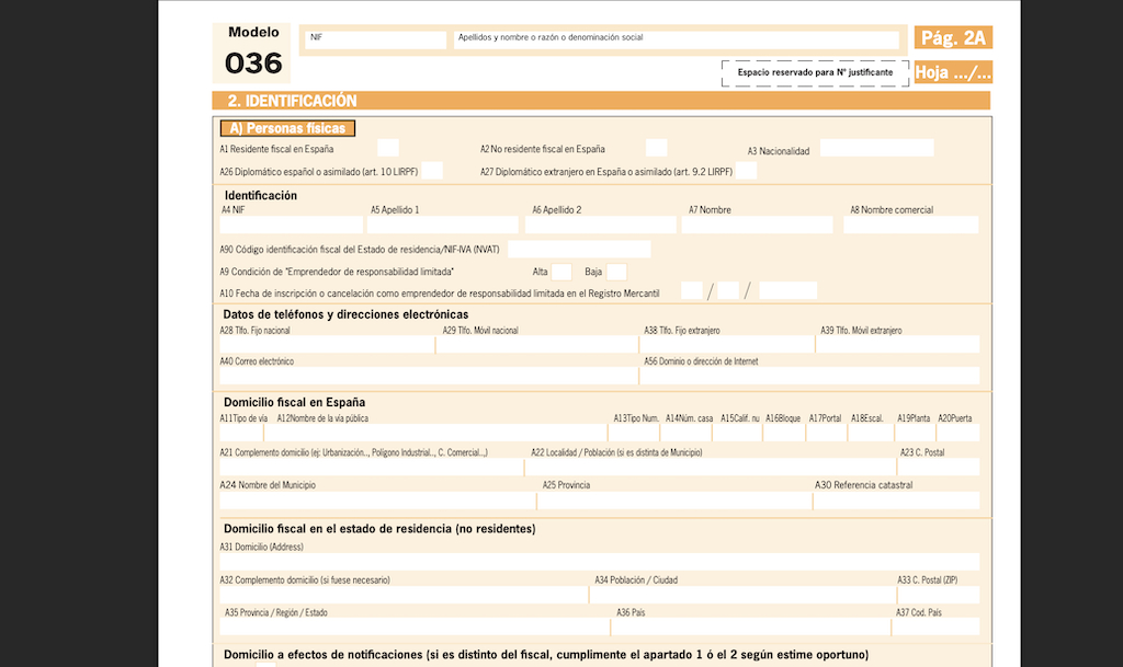Form 036 in Spain. 