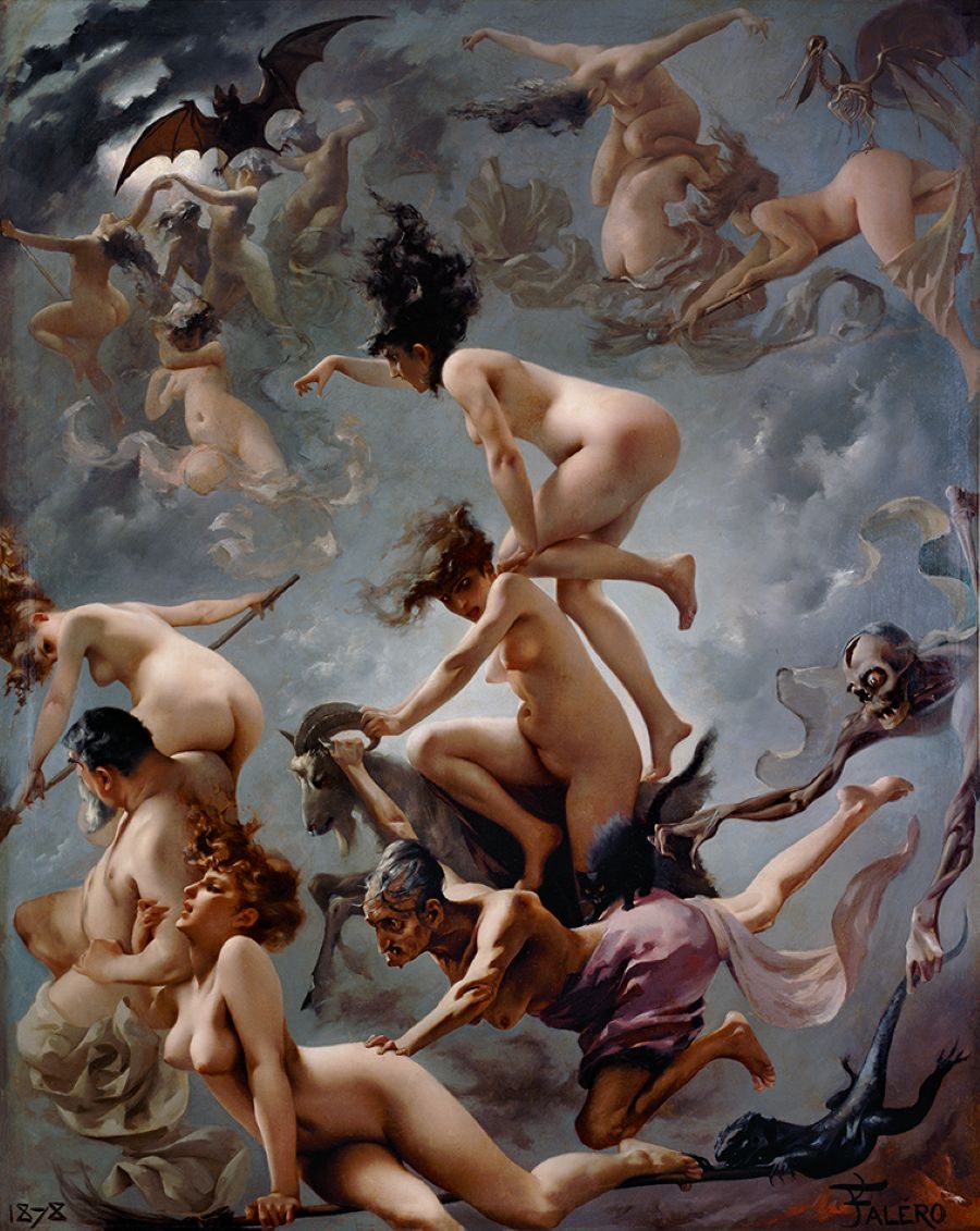 An artistic depiction of Walpurgisnacht shows naked women in a hazy sky with devilish figures.