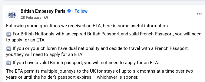 screenshot of the British Embassy in Paris Facebook page, taken on April 1