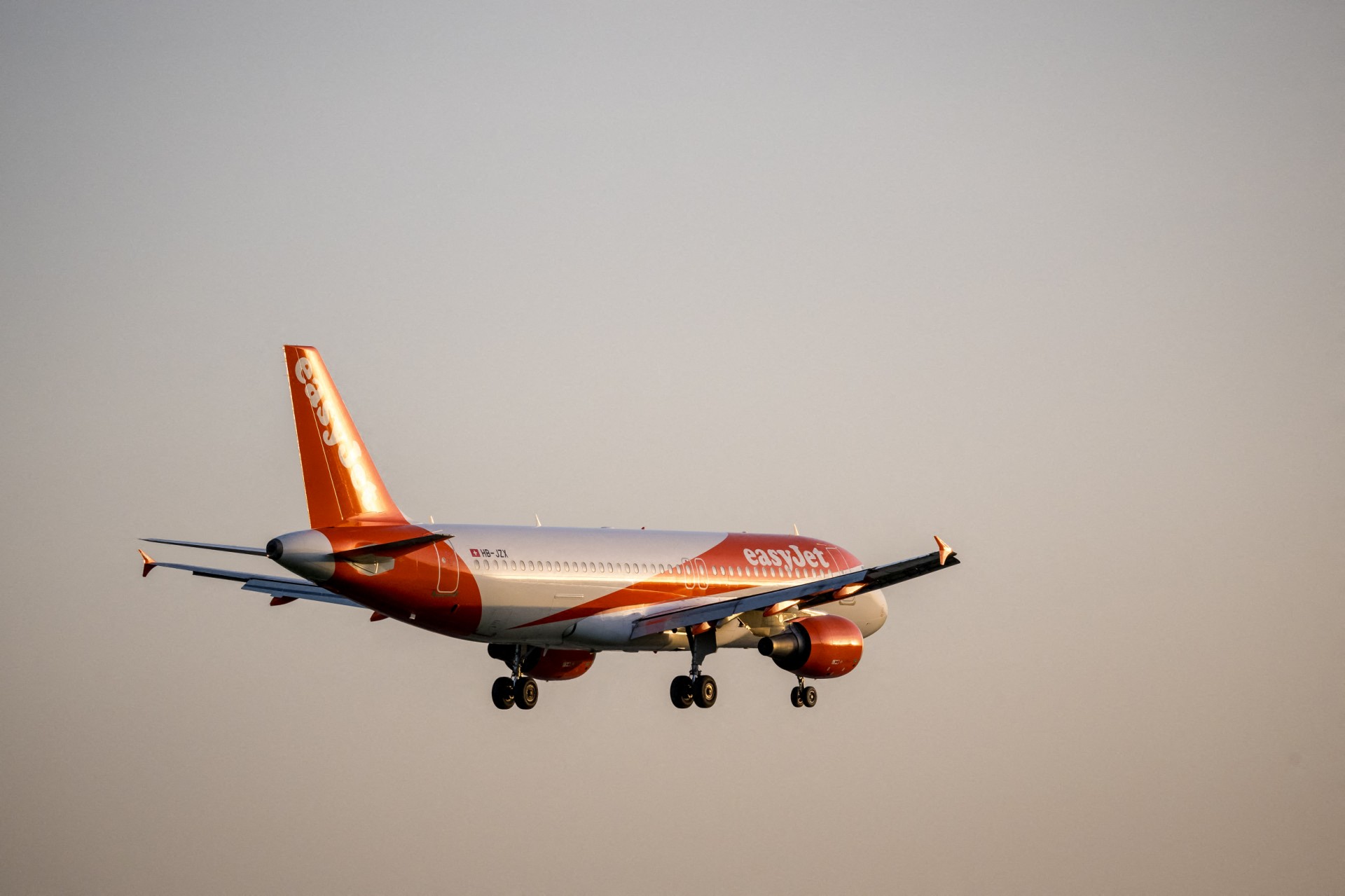 A commercial plane of British airline EasyJet pictured right before landing.