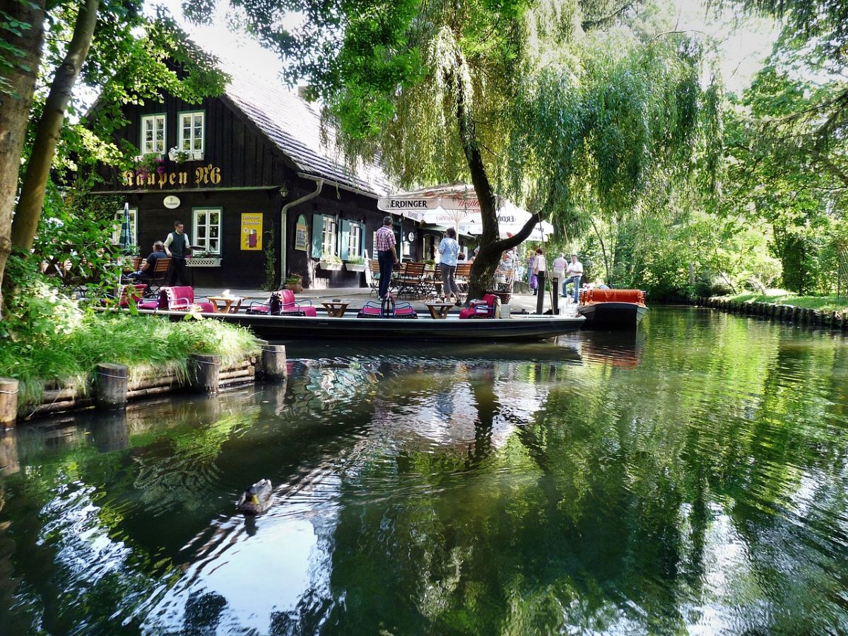 A German restaraunt is seen across the canal in Ledhe.
