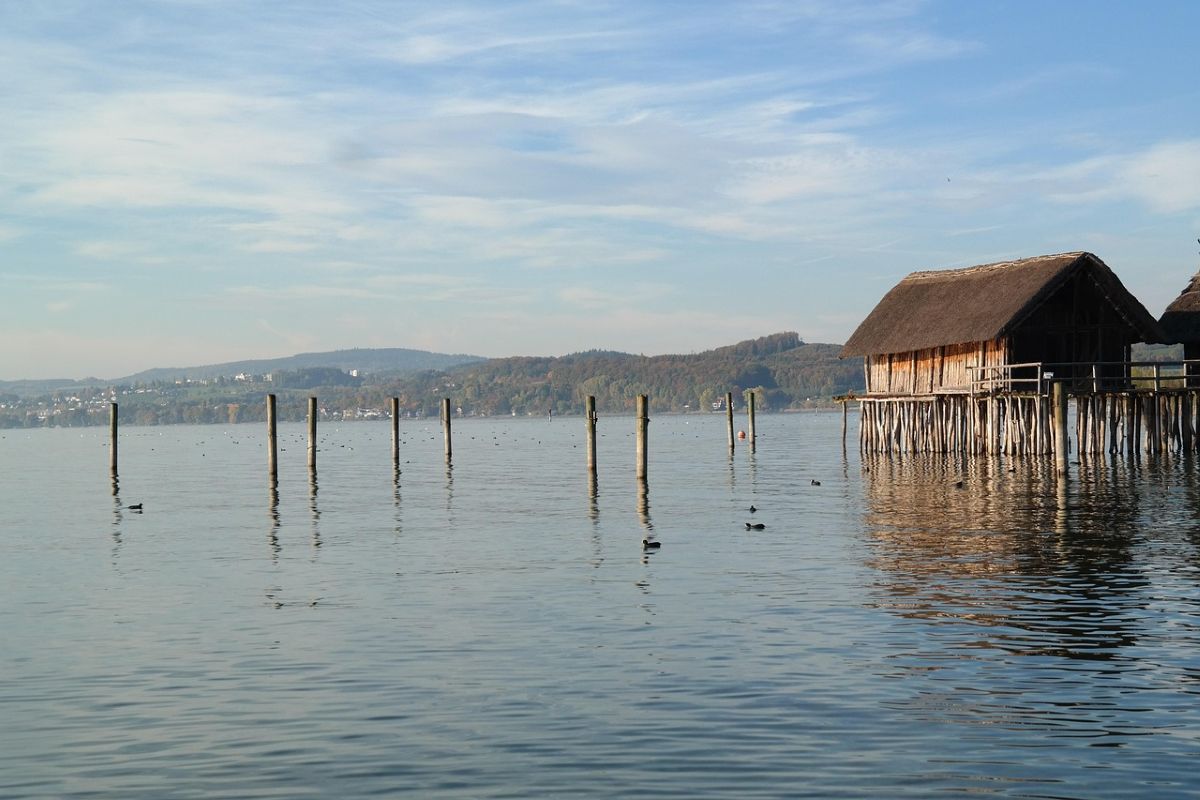 A pile dwelling house is seen on Lake constance.