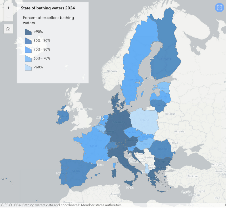 Diese EUA-Karte zeigt die Badegewässerqualität in ganz Europa im Jahr 2024