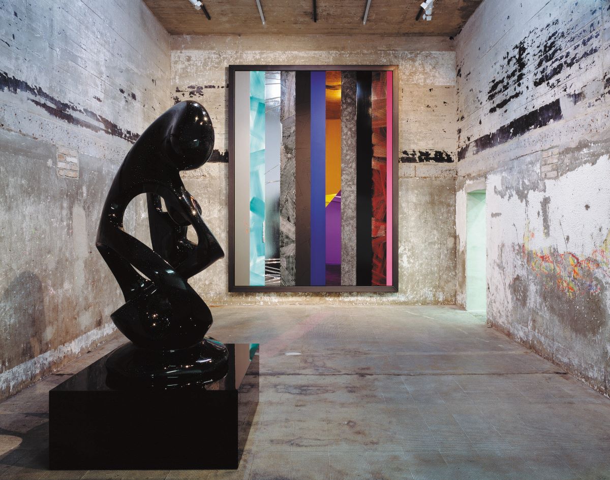 Two works by artist Anselm Reyle are on display in a room of the Hochbunker in Berlin-Mitte