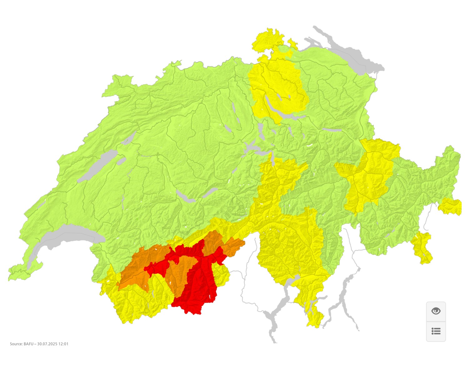 Map of wildfire alert in Switzerland