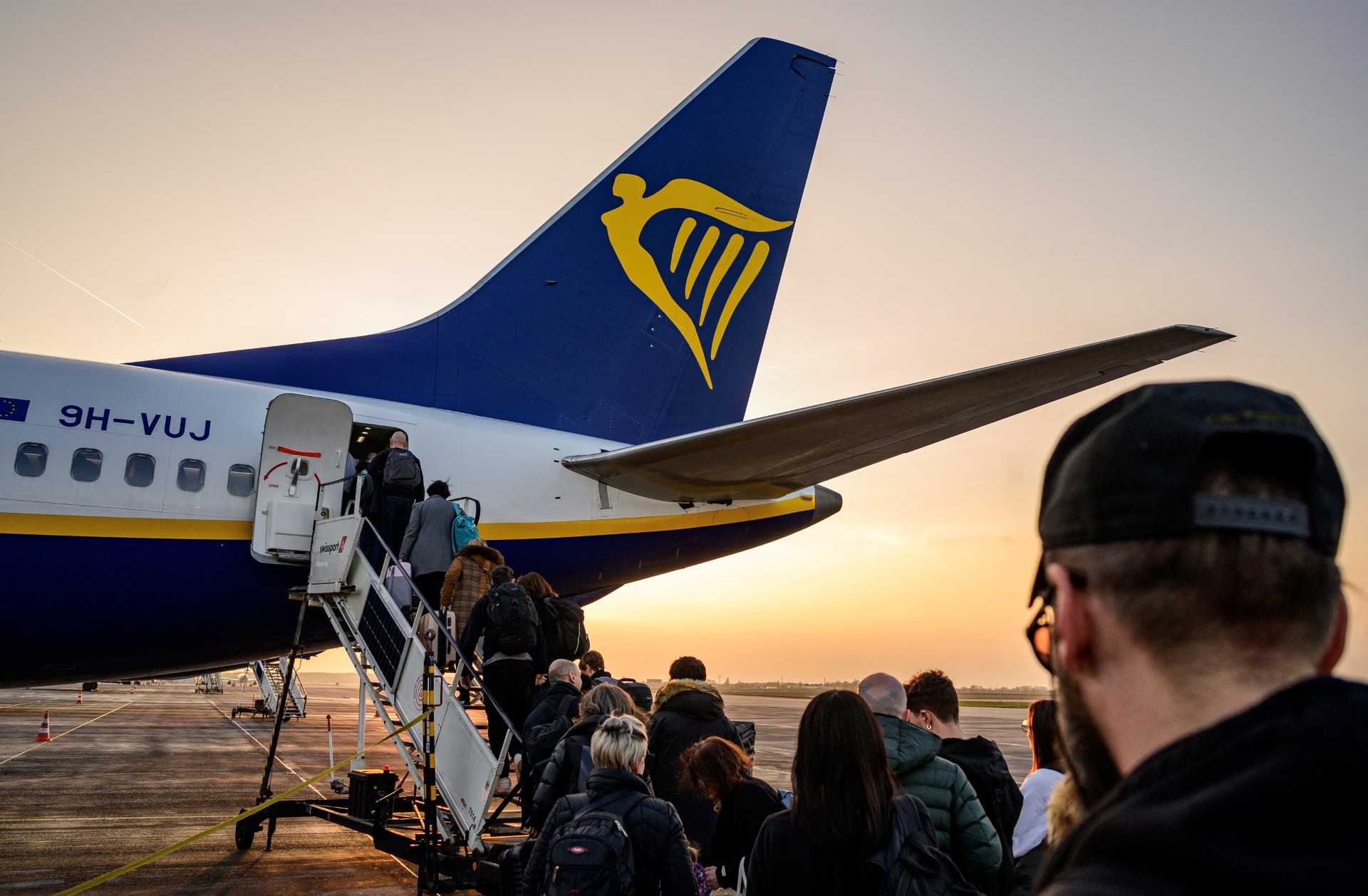 A Ryanair plane at sunset