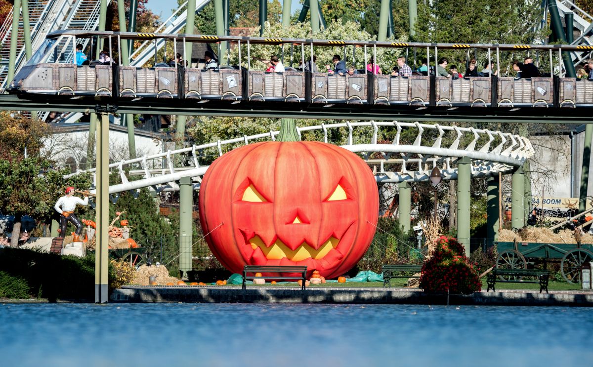 A giant jock-o-lantern is seen at Heide Park in Lower Saxony.