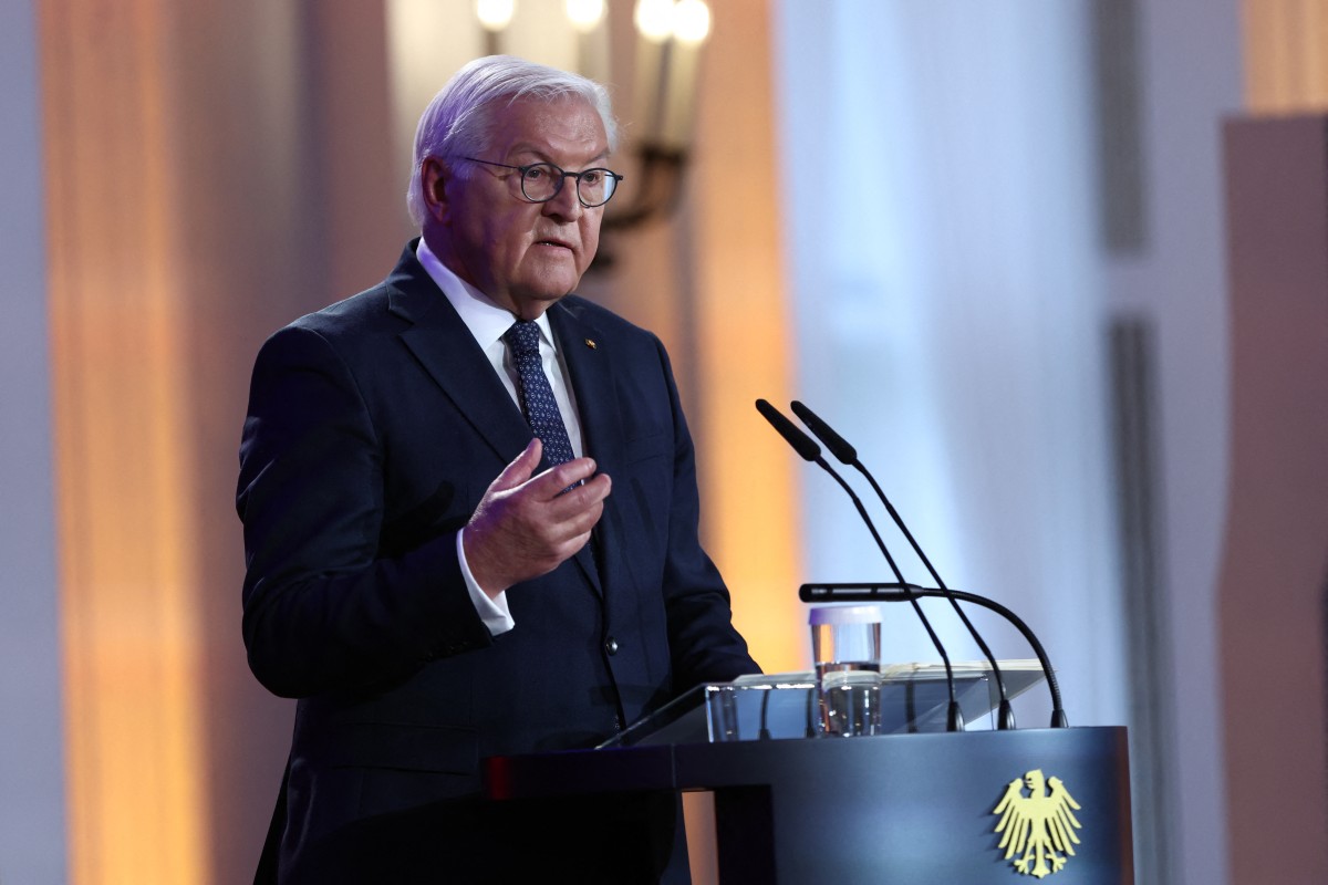 German President Frank-Walter Steinmeier gives a speech.