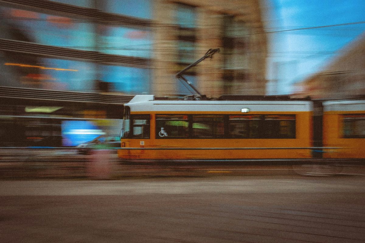 a tram against a blurred background in Berlin