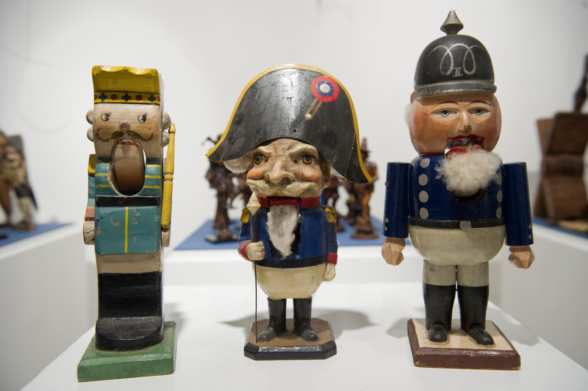 Three antique nutcrackers on display in Stralsund