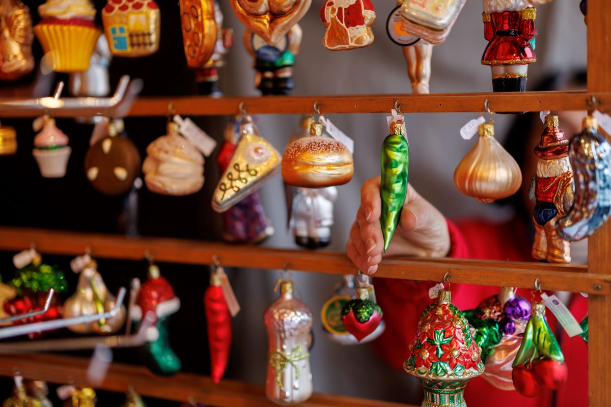 Christmas decorations displayed for sale