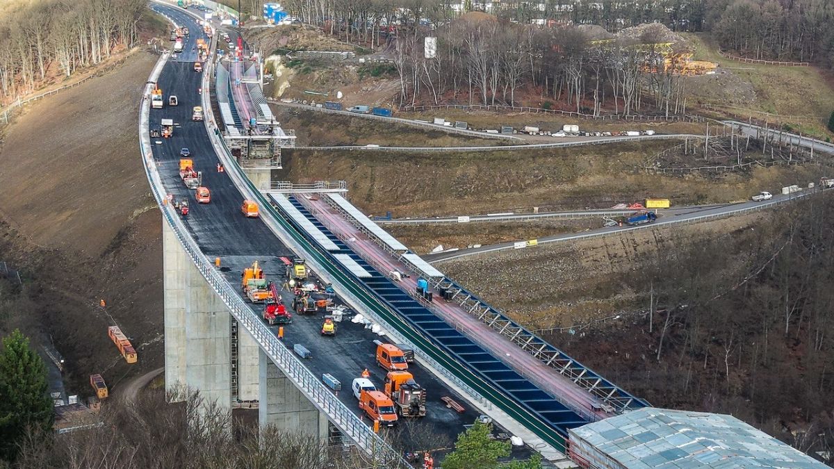 COnsturction is underway on a massive motorway bridge spanning a valley in Germany.