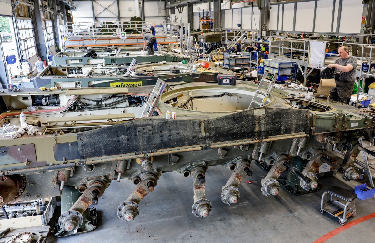 2A4 battle tank that gets maintenance at the facility of Rheinmetall in Unterluess, northern Germany,