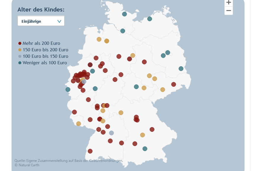 a map of Germany showing relative kindergarten costs