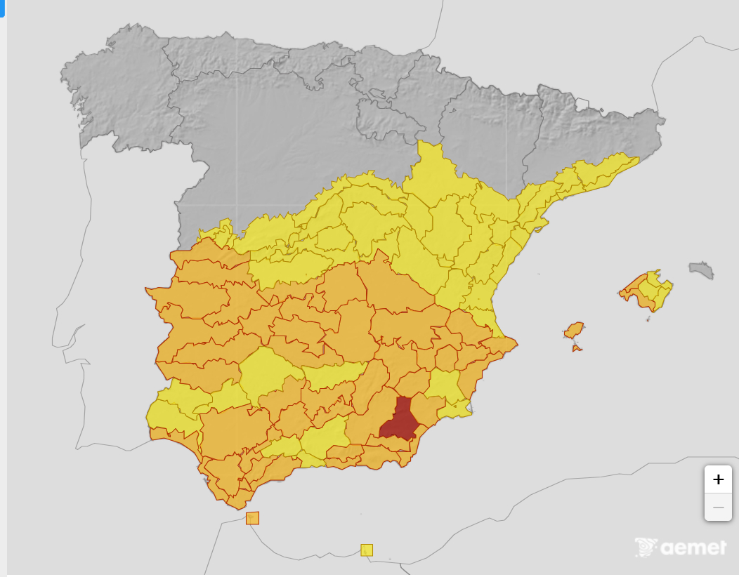 Map of Storm Kristin's wind weather warnings in Spain on Wednesday January 28th