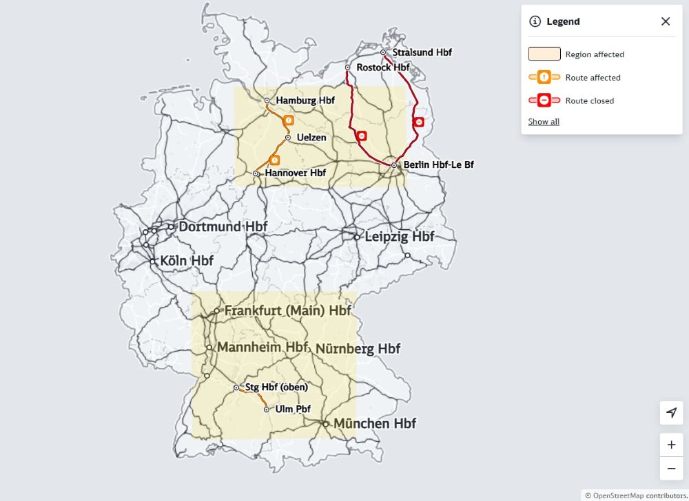 Ma of germany shows affected regions in the north and south west.