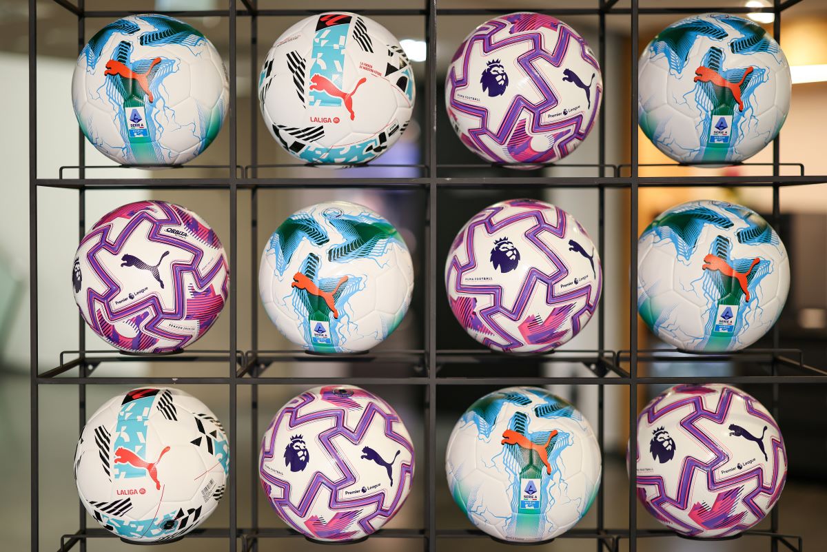 The Orbita soccer ball used in the Premier League, La Liga, and Serie A is on display in a Puma showroom.