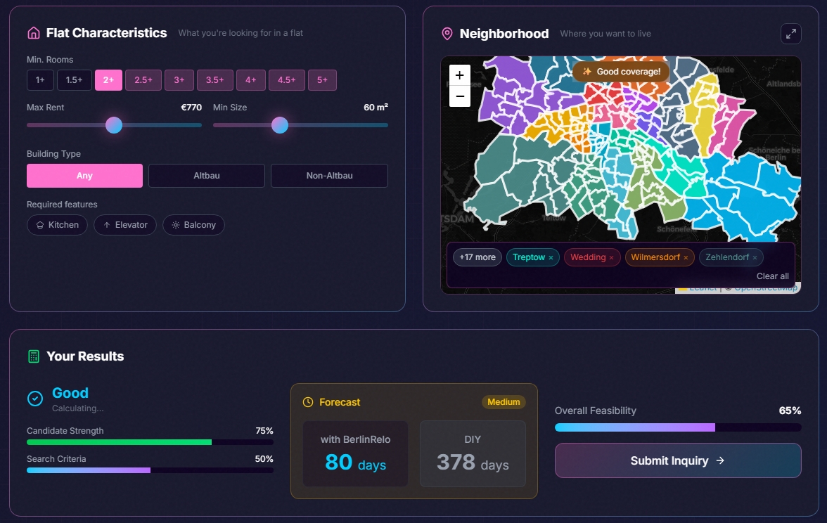 Screenshot shows the calculator for a city-wide flat search in Berlin.