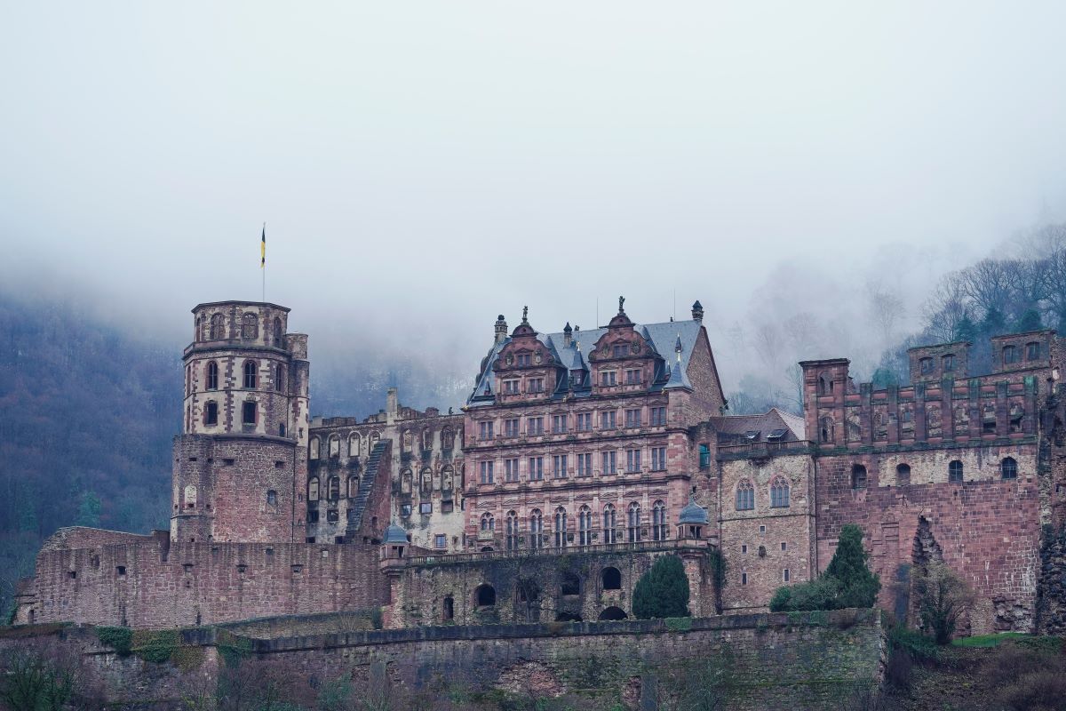 Rain clouds hang over Heidelberg Castle.
