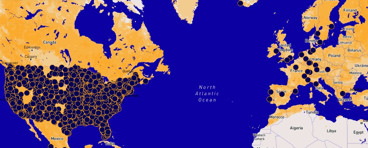 A map shows protests covering the US and a few more scattered in major cities around Europe.