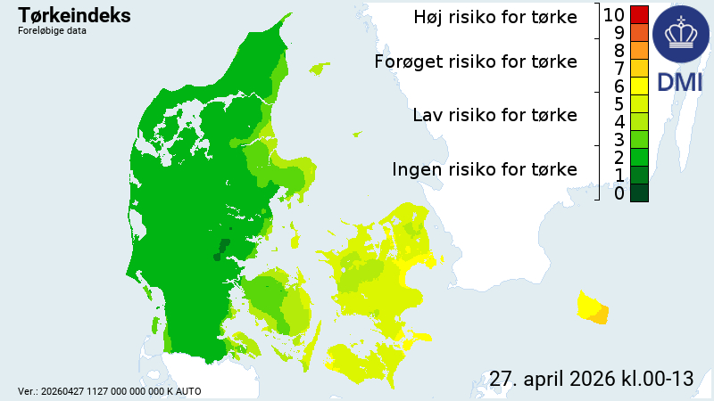 A map from Danish weather agency DMI showing the country's drought index on April 27th. The index reads (top to bottom), high, increased, low and no risk of drought. 