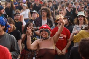 Revellers dance during a free-party at a military site in Cornusse, near Bourges, central France on May 2, 2026. 