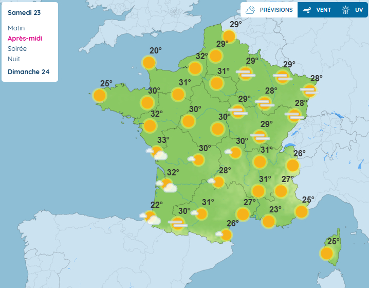 A weather map of France showing border-to-border sunshine and high temperatures