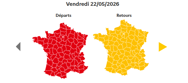 Colour coded map of France indicating travel conditions on the roads