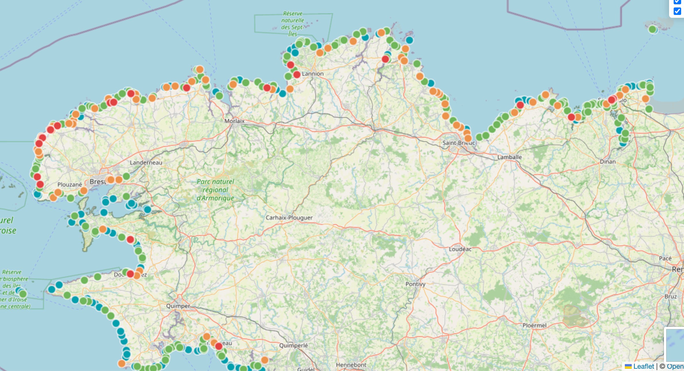 Map of Brittany and its beaches.