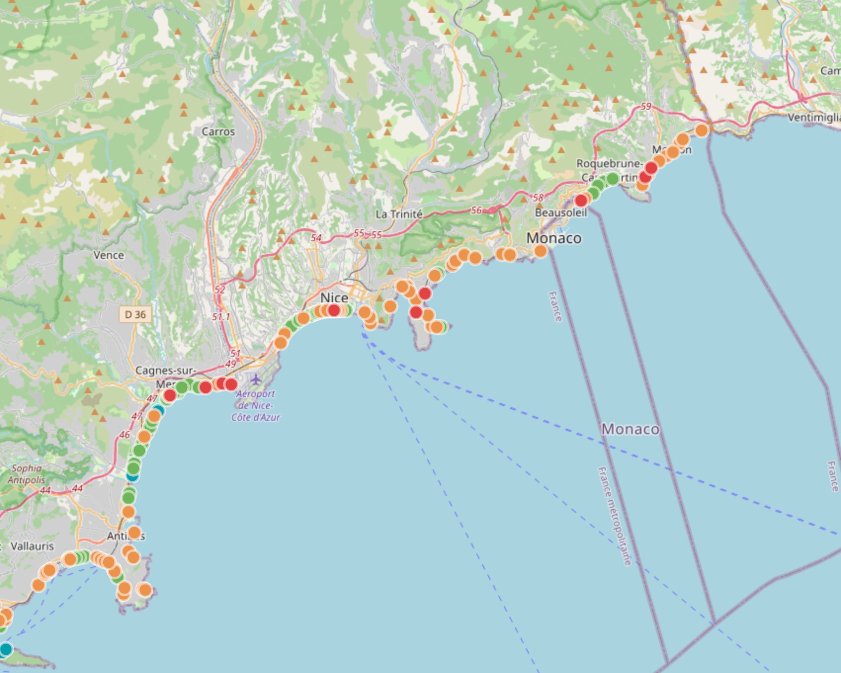 Map of the Riviera and its beaches.