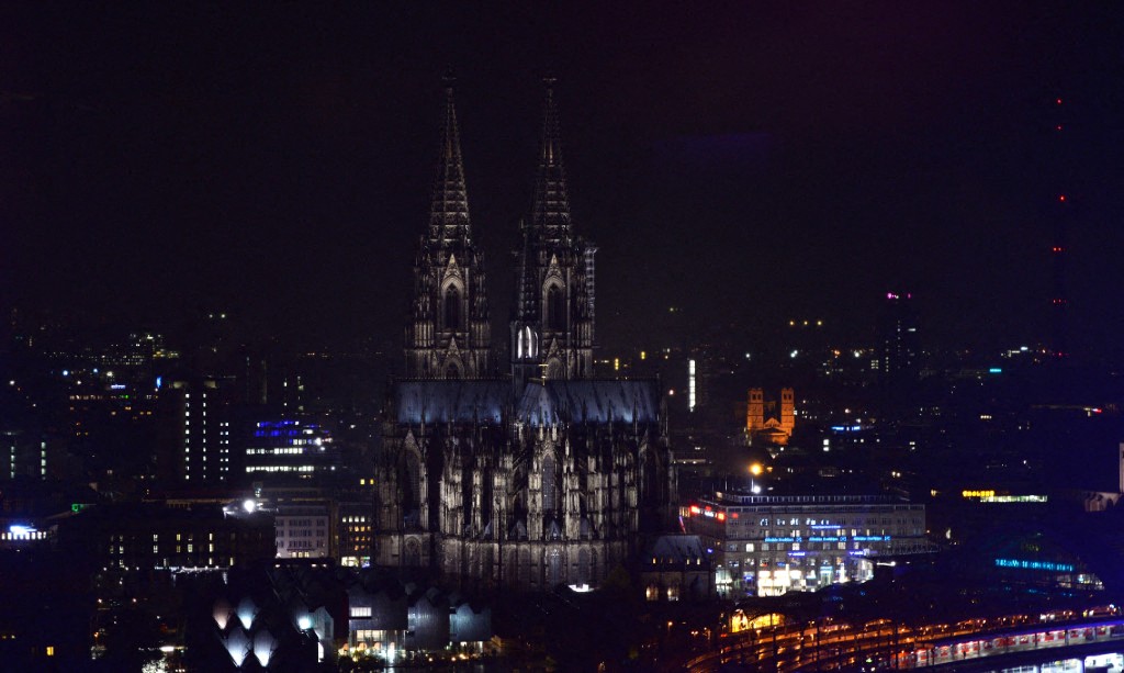 The Cologne cathedral is pictured at night. 